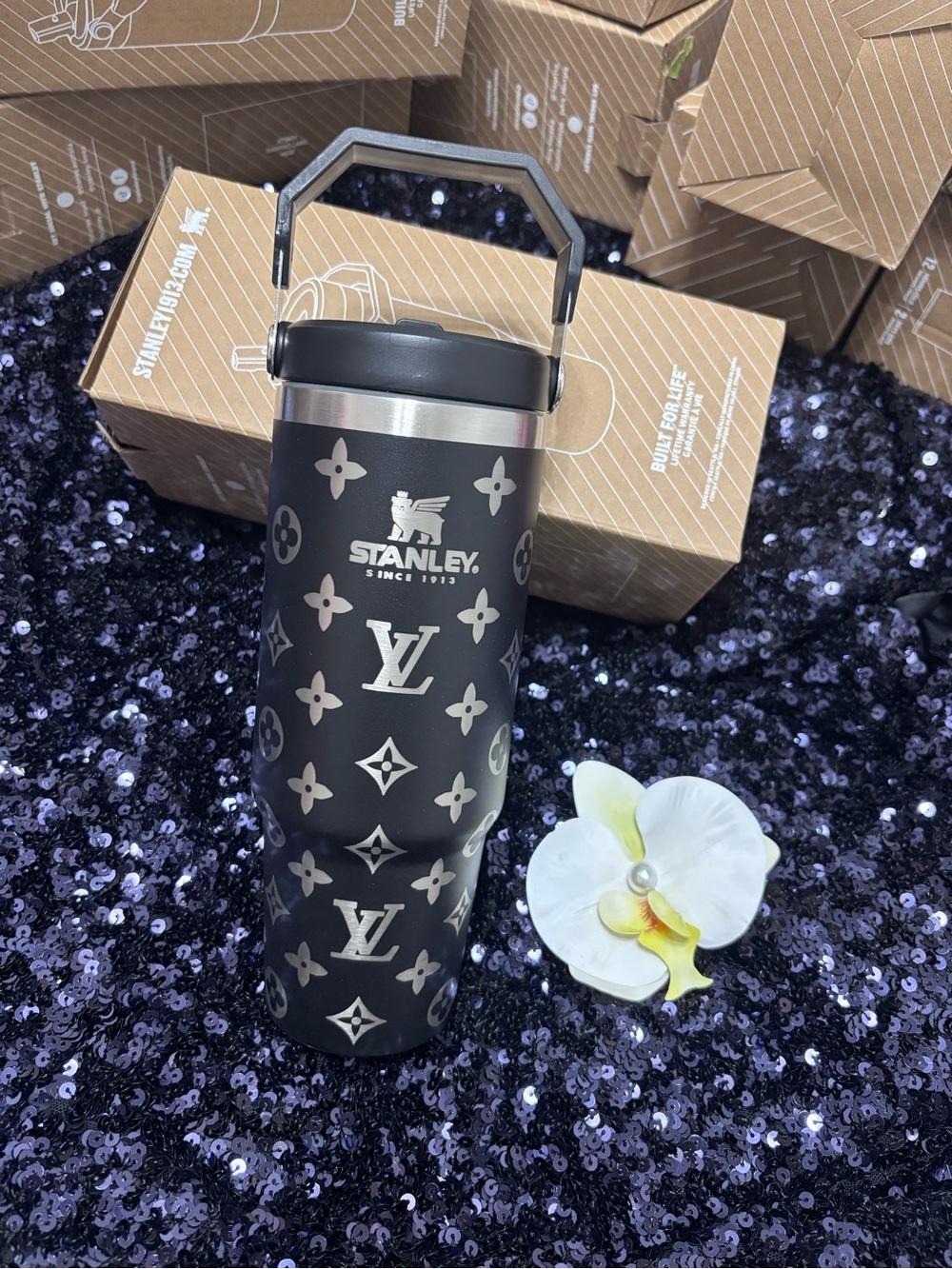 Stanley Black Stainless Travel Bottle with Silver Monogram